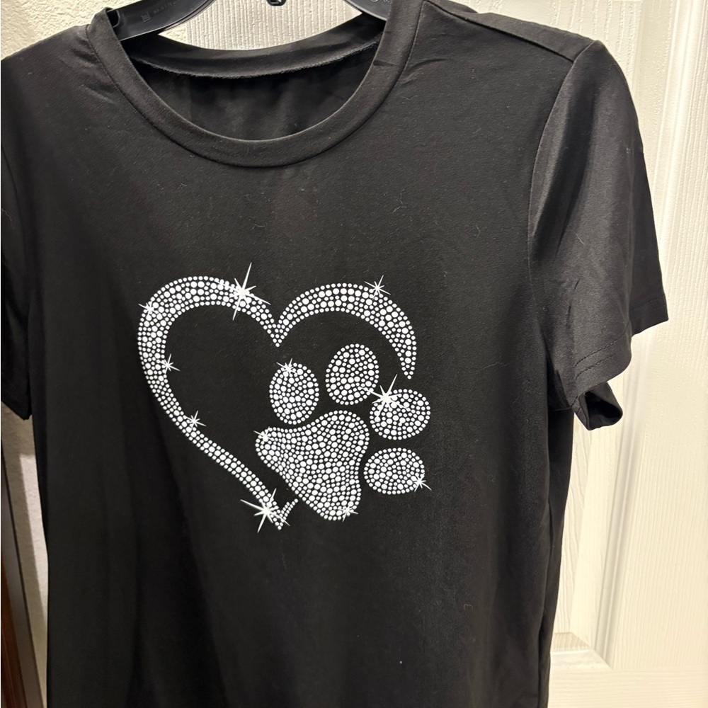 Black T-Shirt with Rhinestone Heart and Paw Design